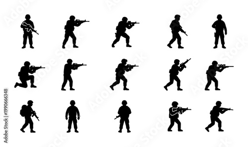 Military soldier silhouettes set, 15 tactical infantry vector icons, armed special forces personnel in combat poses, black army warrior figures