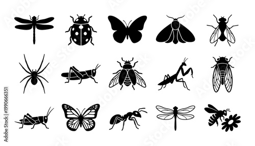 Black insect silhouette icons set, 15 vector bug illustrations, minimalist butterfly and dragonfly symbols, nature and entomology graphic elements