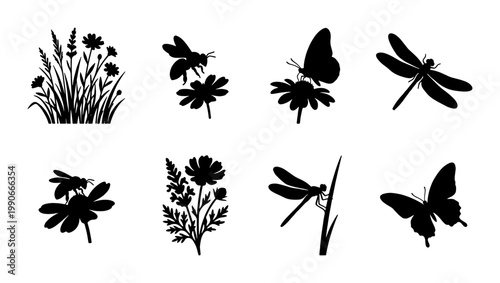 Black silhouette meadow insects and flowers, set of 8 vector icons, botanical garden butterfly and bee elements for nature design