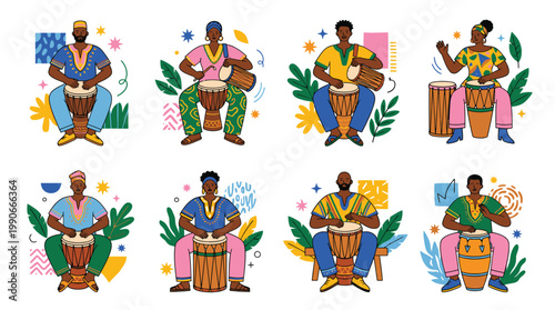 Colorful Traditional Drummers Performing Cultural Music.
