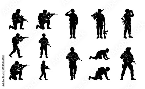 Military soldier silhouettes set, tactical army infantry figures with rifles, 12 combat warrior poses for war gaming and defense design