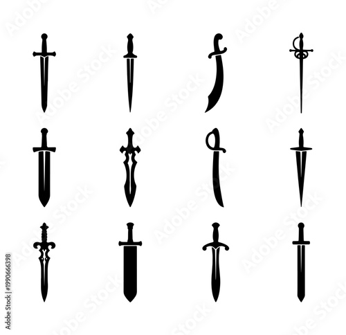 Medieval sword silhouettes and ancient dagger icons, set of 12 black vector weapon symbols, historical blade illustrations for gaming and heraldry
