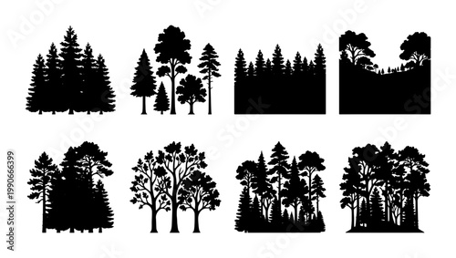 Black forest tree silhouettes, 8 pine and deciduous woodland icons. Minimalist evergreen timber vector set. Wild nature landscape elements for outdoors branding.