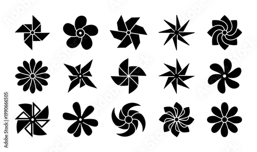 Obraz na płótnie Minimalist black pinwheel icons set, 15 geometric paper windmill vector silhouet