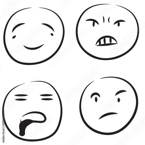 Set of four doodle emoji faces with different facial expressions. Hand drawn vector illustration of happy, angry, drooling, and confused emotions. Sketchy line art icon.