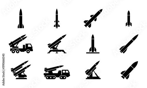 Military missile icons set, ballistic rocket silhouettes and artillery launcher vehicles, 12 black vector weapon symbols for defense and warfare