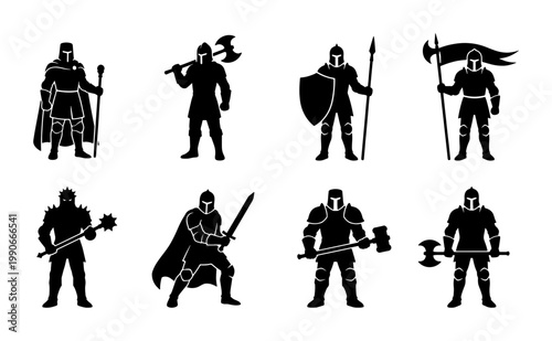 Medieval knight silhouettes set, 8 fantasy warrior characters with weapons, black armored soldier icons for gaming and historical design projects