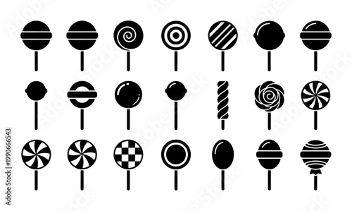 Minimalist lollipop icon set, black silhouette candy vector collection, 21 sweet confectionery symbols, flat sugar treat graphics for menu design
