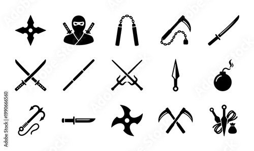 Ninja weapon icons set, 15 black silhouette shinobi equipment vectors, traditional Japanese martial arts combat tools, ancient assassin gear for gaming