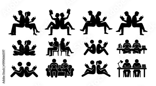 People reading books silhouette icons, collection of 12 vector figures studying and learning, black stick man characters in library or bookstore