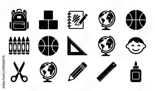 School supplies icon set with 15 black vector elements, education and classroom stationery symbols, kindergarten learning tools and student equipment