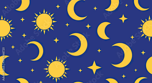 Fotografi A repeating pattern of yellow suns, moons, and stars on a deep blue background
