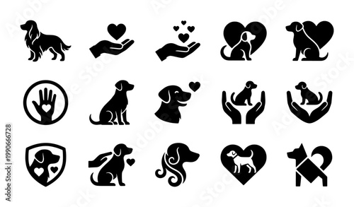 Dog care and pet adoption icons set, 15 black vector silhouettes of puppies and hearts, animal welfare and veterinary clinic branding elements