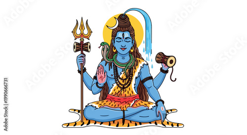 Blue Hindu god Shiva meditating with snake necklace and trident, glowing sacred aura in vibrant mythological artwork