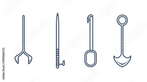 Four stylized, linear tools outlined in dark blue on a stark white background