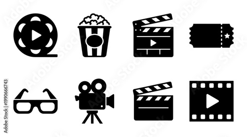 Cinema and movie theater icon set, 8 black minimalist film industry symbols, popcorn and clapperboard vector graphics for entertainment apps