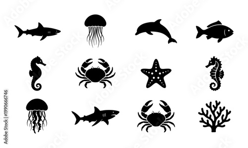 Black sea life silhouette icons set, 12 aquatic animal vector elements, minimalist marine creature symbols for ocean conservation and education