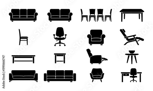 Modern furniture icon set, black silhouette home interior elements, 16 vector symbols for living room and office floor plans, minimalist seating and table collection
