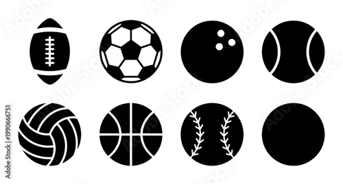 Sports ball icons set with 8 black vector silhouettes, athletic equipment collection including soccer and basketball, minimalist game ball symbols