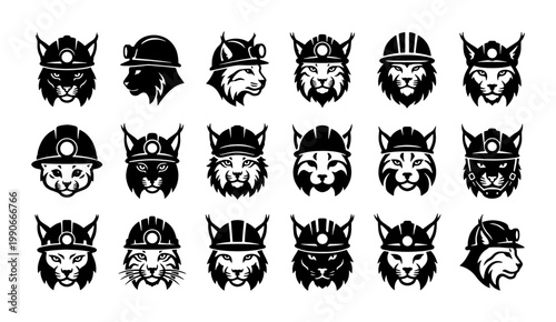 Fotografie Lynx mascot logo set with 18 icons, wildcat miner wearing hard hat with lamp, in