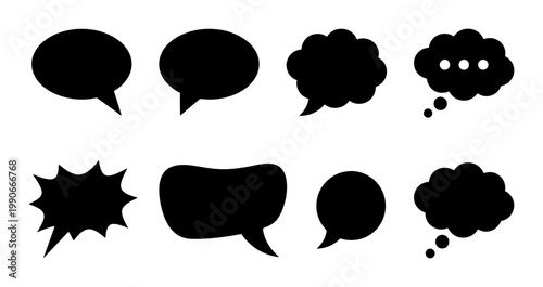 Black speech bubble silhouettes, 8 comic book thought clouds and chat icons, minimalist communication vector elements for dialogue and messaging