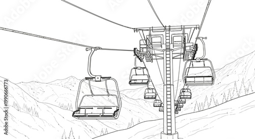 Ski lift illustration overhead view of empty chairs and cable system