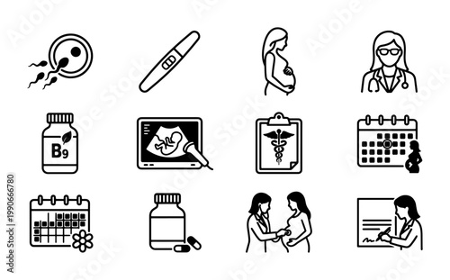 Pregnancy and fertility line icons set, medical gynecology and obstetrics vector elements, prenatal care and reproductive health symbols for healthcare