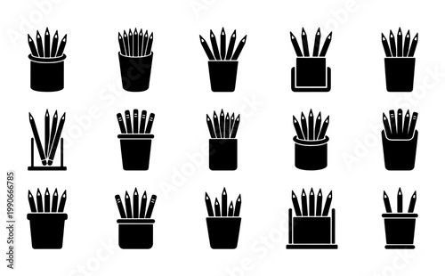 Minimalist pencil holder icon set, 15 black silhouette office supply vectors, school stationery pencil cup symbols for graphic design