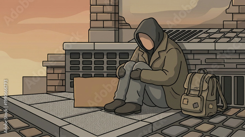 Sad Homeless Person Sitting Alone on Sidewalk.