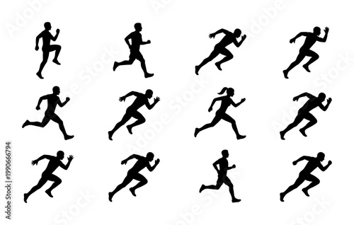 Running man silhouettes set, 12 athlete sprinting icons, black male and female runner figures, sports and fitness vector collection
