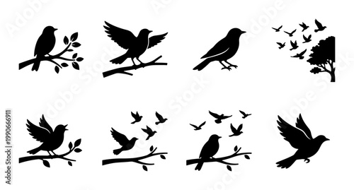 Minimalist bird silhouette collection, set of 8 black avian vector icons, flying and perched birds on tree branches, nature wildlife graphic elements
