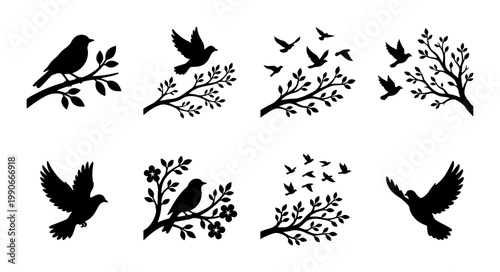 Black bird silhouette collection, flying birds and tree branch vector set, 8 nature icons with songbirds and floral twigs, minimalist wildlife graphics