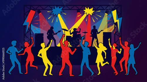 Colorful concert illustration with live band and dancing crowd