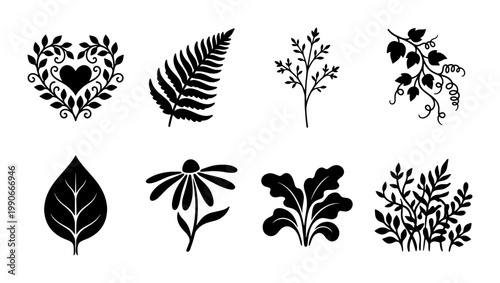 Konstfotografi Black botanical silhouettes set of 8 icons, floral leaf and fern vector elements