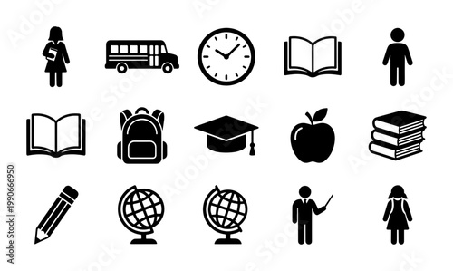 Education icon set with 15 black school vector elements, academic learning symbols for students and teachers, back to school flat graphic collection