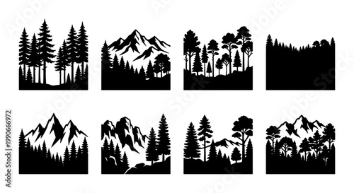 Vintage mountain landscape silhouettes, set of 8 pine forest vector icons, rustic wilderness nature scenes, black and white outdoor adventure graphics