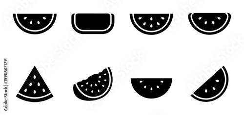 Minimalist watermelon icon set, black silhouette fruit slices, collection of 8 flat vector symbols for summer food branding and menu design