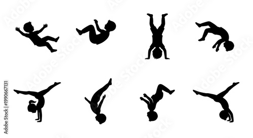 Active children silhouettes set, 8 vector icons of kids jumping and tumbling, black child gymnastics and parkour figures, playful youth movement graphics