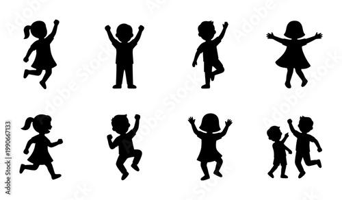 Happy children silhouettes set, active kids jumping and playing vector icons, group of 8 joyful childhood figures for school and education designs