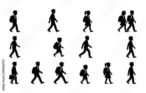 School children silhouettes walking with backpacks, set of 14 student vector icons, kids going to school back view and side view profile graphics