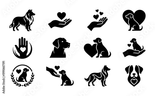 Dog rescue and pet care icons, black silhouette animal shelter symbols, set of 12 canine adoption and veterinary service vector elements