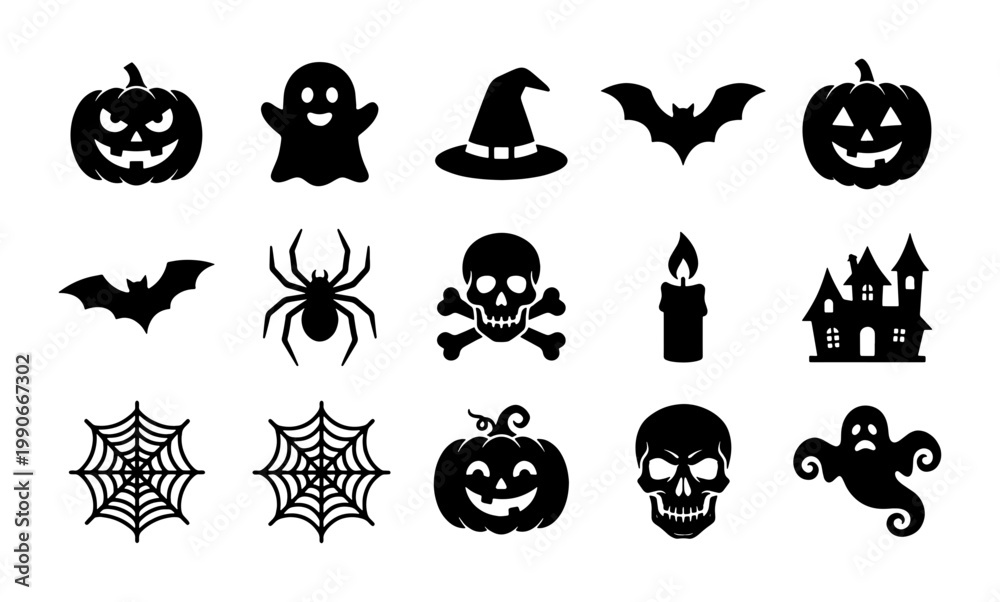 Obraz premium Halloween silhouette icons set, spooky holiday vector collection with 15 black symbols, pumpkin ghost and skull graphic elements for party decor