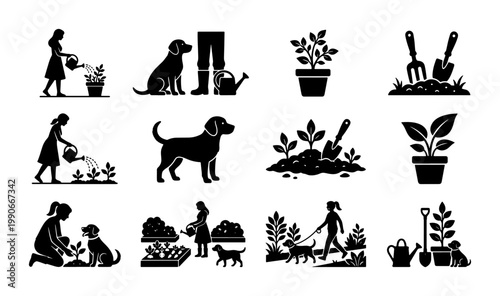 Gardening silhouette icons set, black vector illustrations of people planting and watering flowers, woman walking dog in garden, 12 horticulture elements