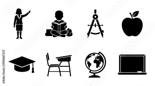 Education and school icons set, black silhouette academic symbols vector, 8 learning and teaching elements for classroom and university design