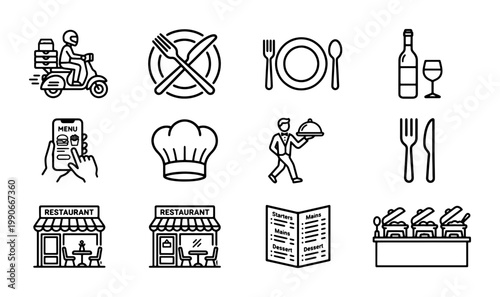 Restaurant and food delivery line icons set, 12 professional dining and catering vector symbols, minimalist cafe and bistro service graphics for menu design