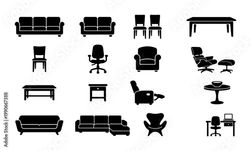 Modern furniture silhouette icons set, minimalist home interior decor elements, black living room and office furniture vector collection