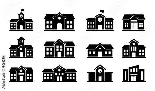 School building icons set, black silhouette educational facility vector graphics, 12 academic campus architecture symbols for maps and infographics