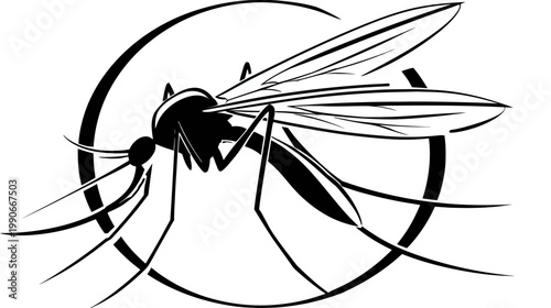 Stylized mosquito illustration, in black and white, framed by a curved line design