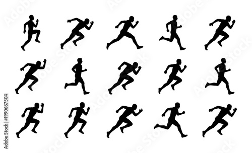 Running man silhouette collection, set of 15 athletic male runner icons, black sprinting figures in motion, fitness and sports vector elements