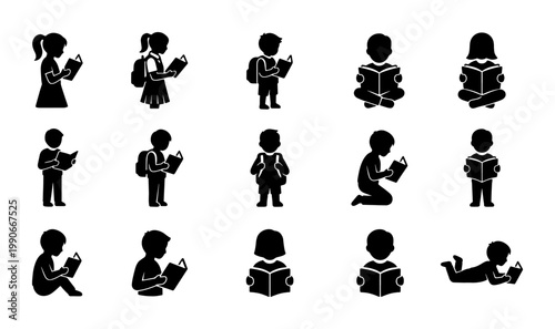 School children reading books silhouette set, 15 student icons with backpacks and textbooks, elementary education and literacy vector collection